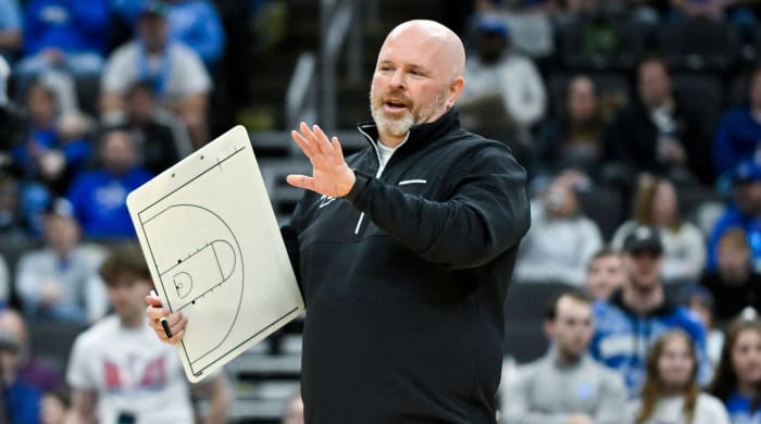 Indiana State Sycamores head coach Josh Schertz looks on during a game against the Northern Iowa Panthers.